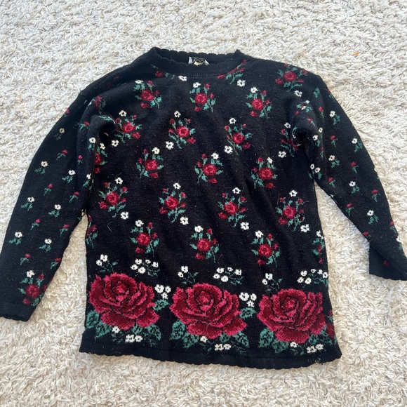 Floral Black Sweater with Red Roses - Picture 1 of 2
